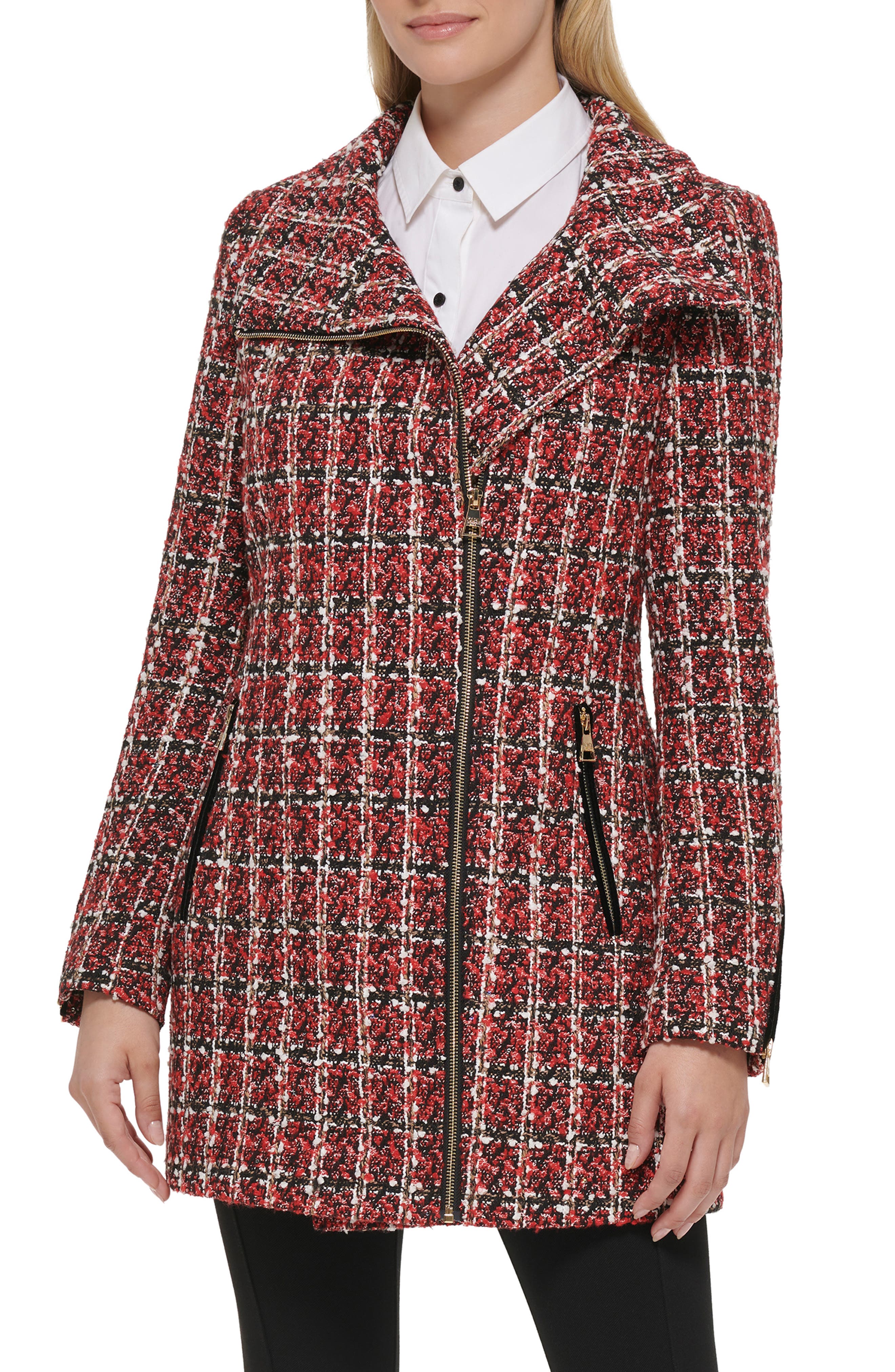 KARL LAGERFELD PARIS Plaid Sequin Embellished Zip Coat