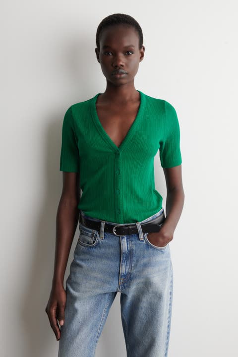 Pointelle-knit Short-sleeved Cardigan