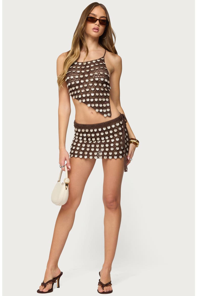 Alora Paillette Open Stitch Asymmetric Crop Top, Alternate, color, BROWN