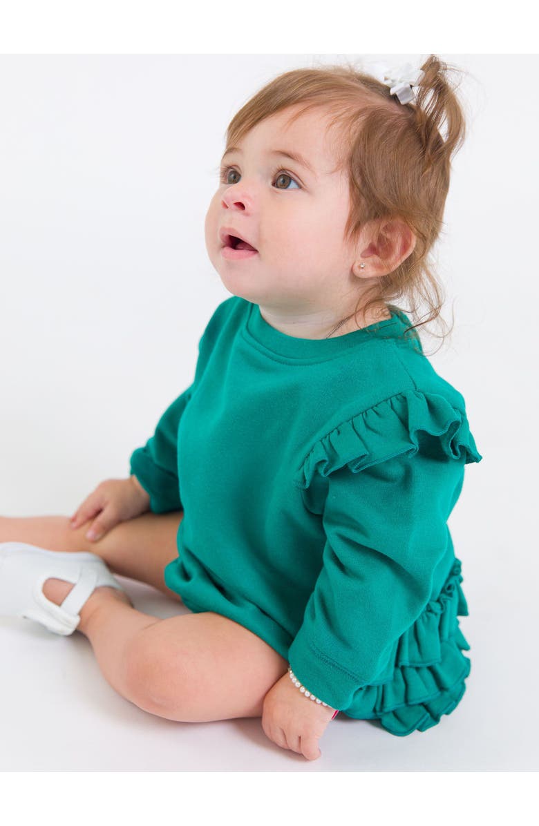 RuffleButts Baby Girls Sweatshirt Bubble Romper, Alternate, color, Emerald Green
