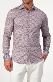 GARNET Houndstooth Print Dynamic Comfort Stretch Cotton Long Sleeve Button-Down Shirt