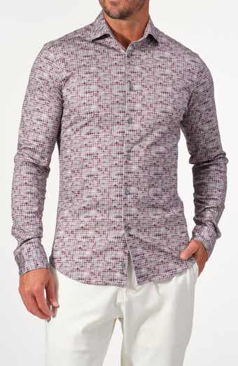 Houndstooth Print Dynamic Comfort Stretch Cotton Long Sleeve Button-Down Shirt