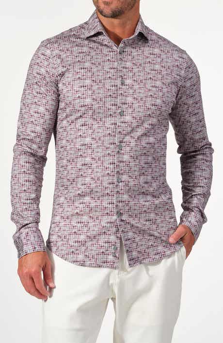 Houndstooth Print Dynamic Comfort Stretch Cotton Long Sleeve Button-Down Shirt