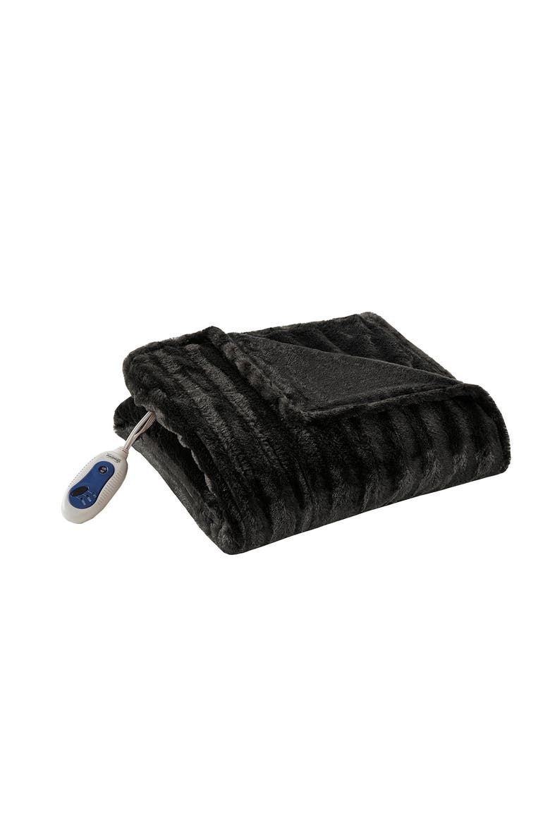 Faux Fur Heated Throw Blanket - 50" x 70", Main, color, BLACK