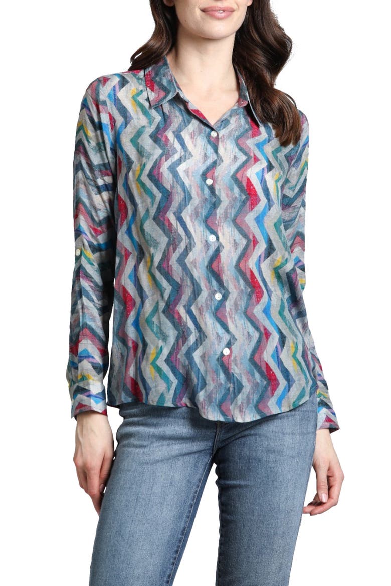 Abstract Print Roll Tab Sleeve Chiffon Button-Up Shirt, Main, color, BLUE/GREY MULTI