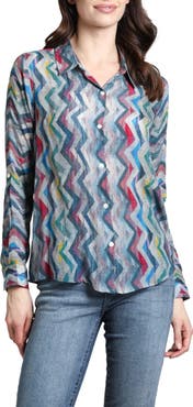APNY Abstract Print Roll Tab Sleeve Chiffon Button-Up Shirt