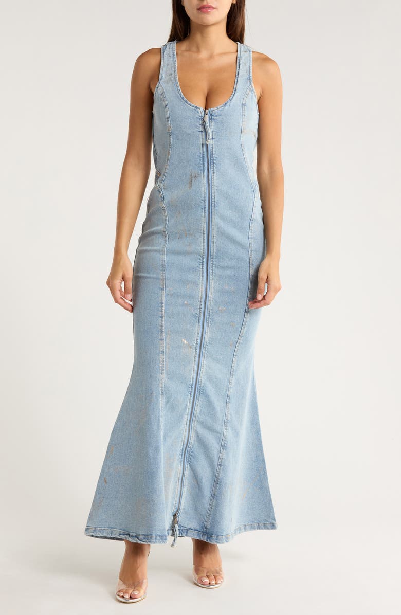 AFRM LOS ANGELES Kadence Seamed Zip Denim Dress, Main, color, Denim Gold Metallic