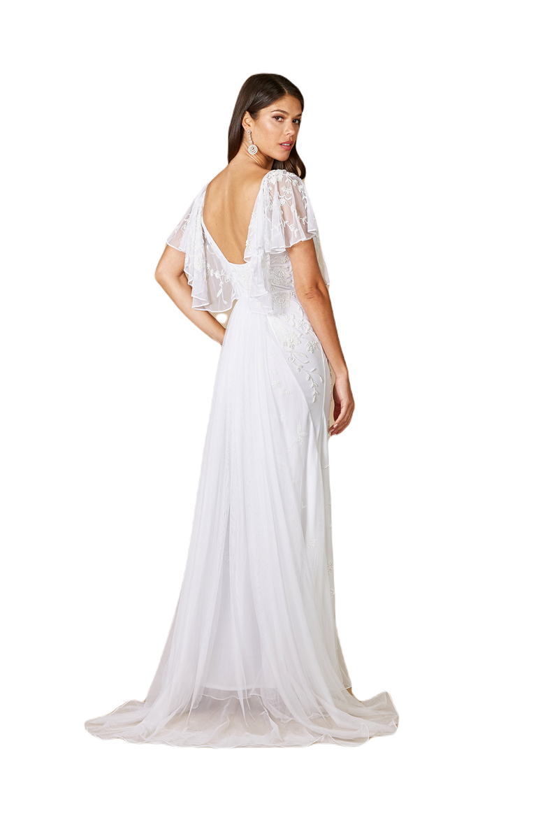 Greyson Beaded Flutter Sleeve Wedding Dress, Alternate, color, Ivory