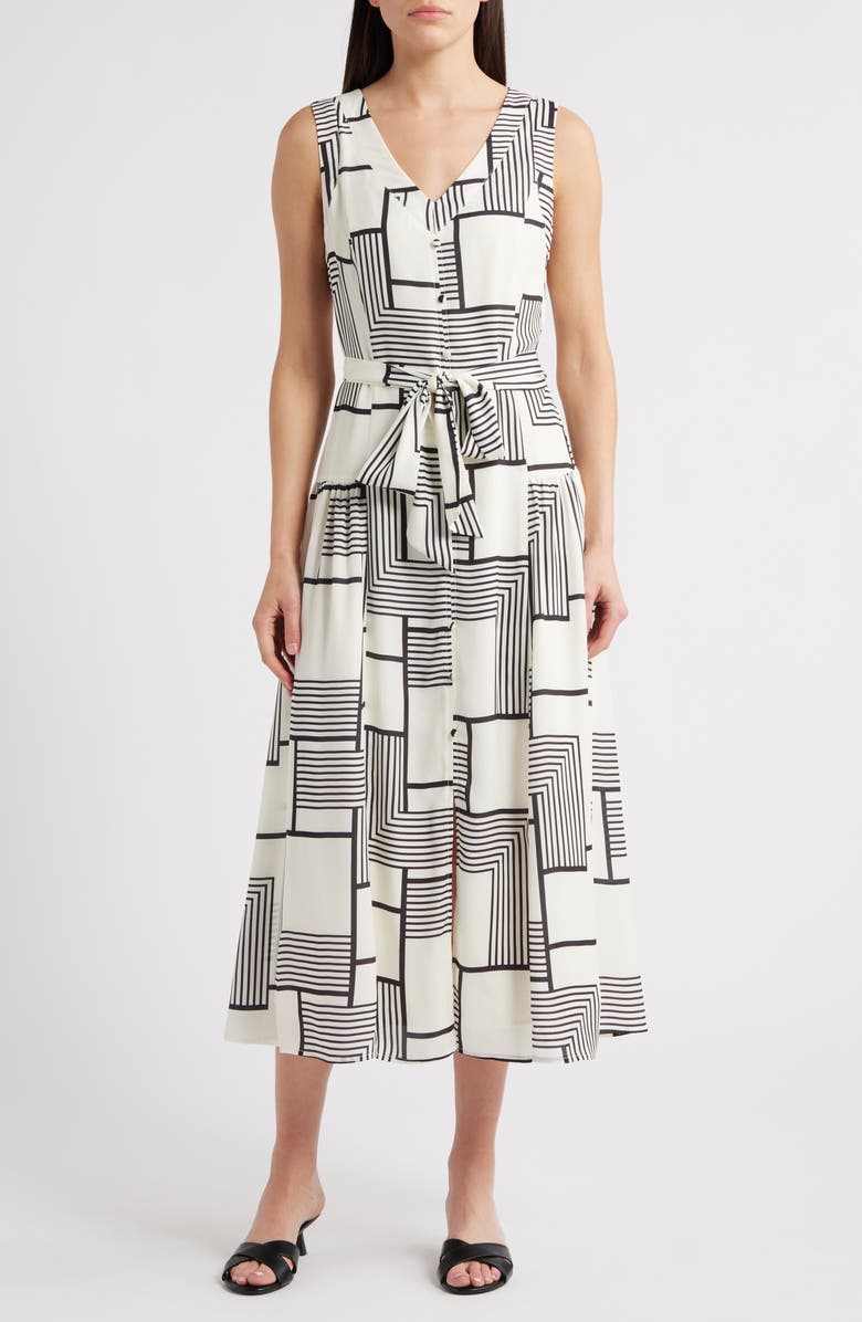 ZOE AND CLAIRE Mixed Geo Print Belted Midi Dress, Main, color, Natural/ Black