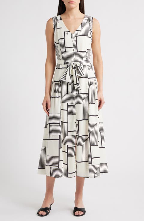 Mixed Geo Print Belted Midi Dress