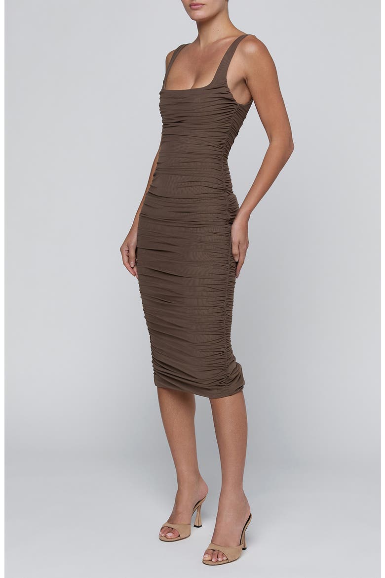 Anya Shirred Midi Dress, Alternate, color, DARK CARDAMOM