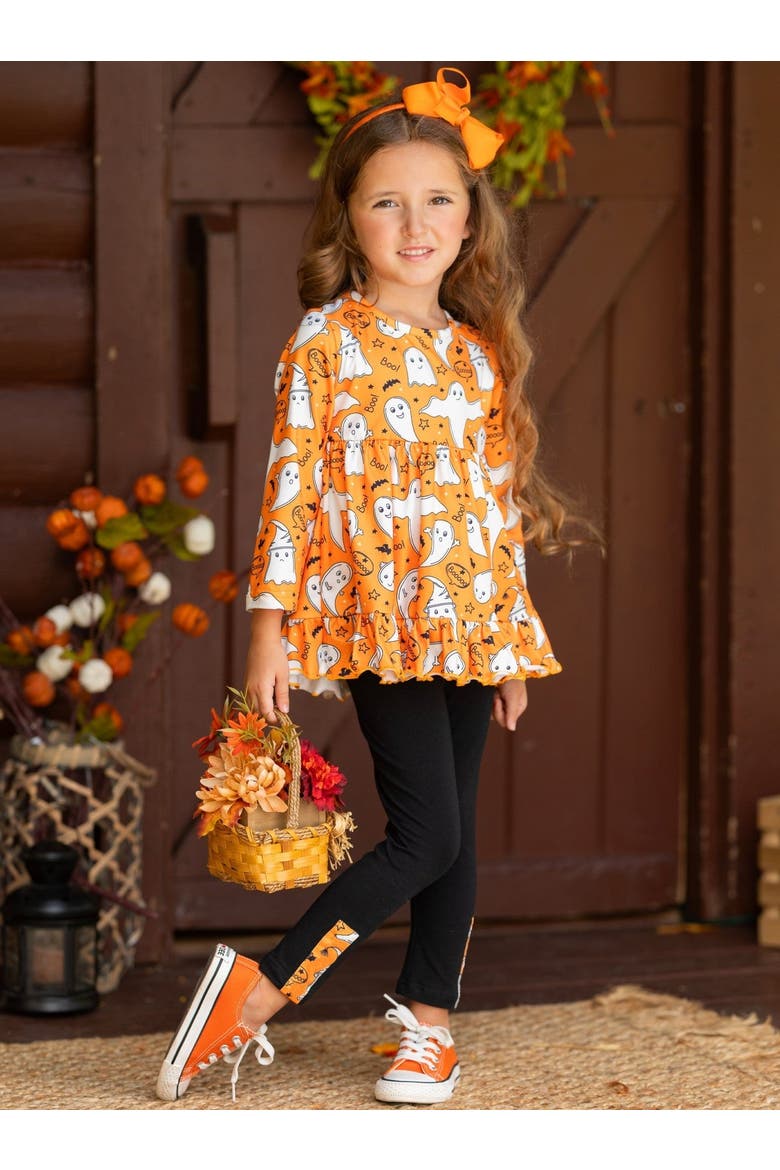 Fun-tastic Flying Ghosts Halloween Legging Set, Alternate, color, Orange