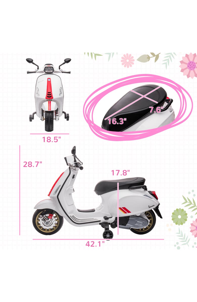 Qaba Vespa 6V Kids Electric Motorcycle with Music, FM Radio, Headlight, Single Button Start, Alternate, color, White