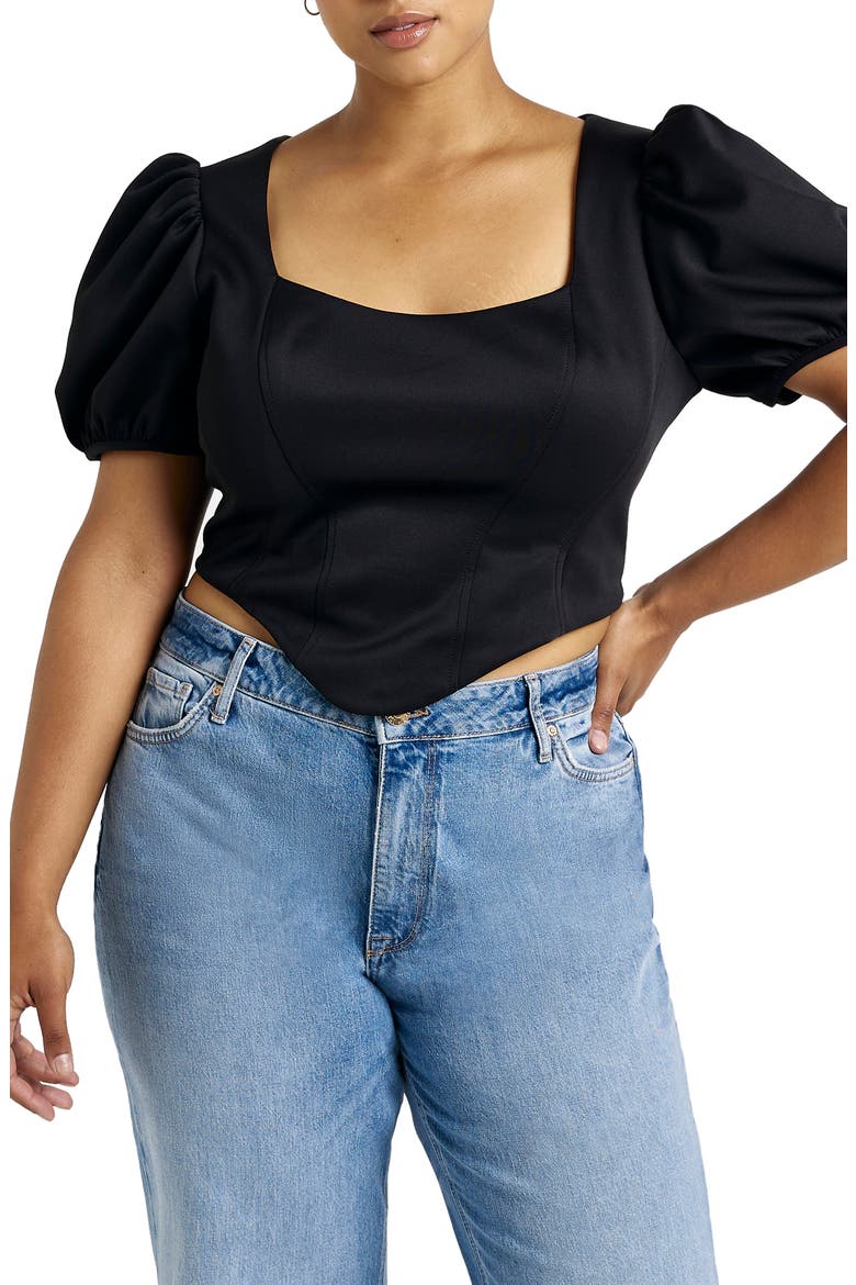 Puff Sleeve Corset Top, Main, color, BLACK