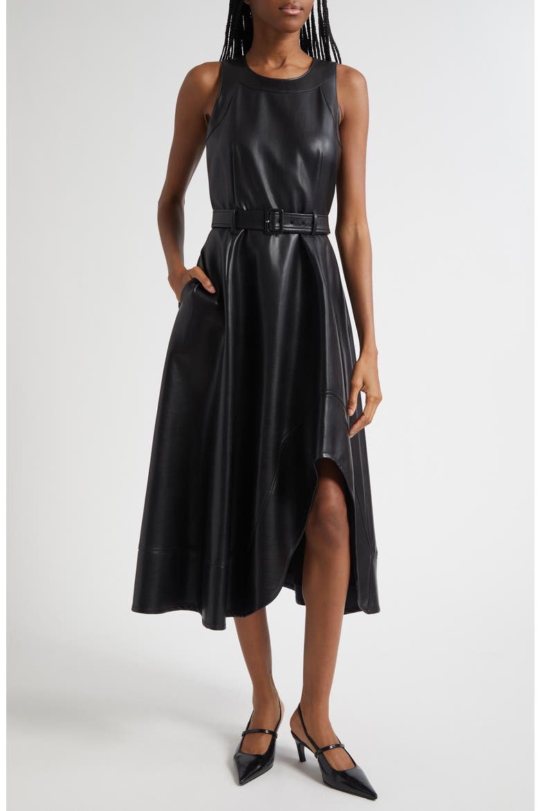 Zelda Faux Leather High Low Hem Dress, Main, color, BLACK