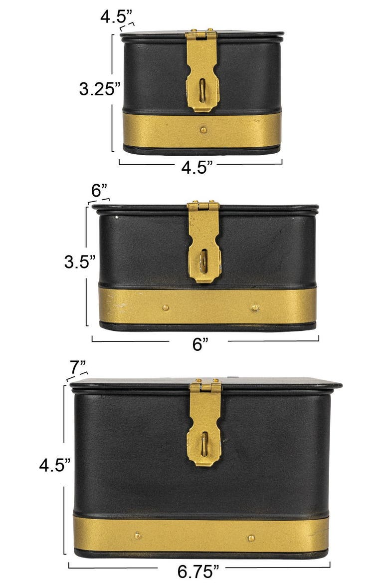 Decorative Metal Boxes with Lid, Black with Gold Band, Set of 3, Alternate, color, Black
