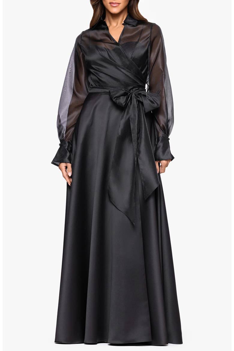 Long Sleeve Organza A-Line Gown, Main, color, BLACK