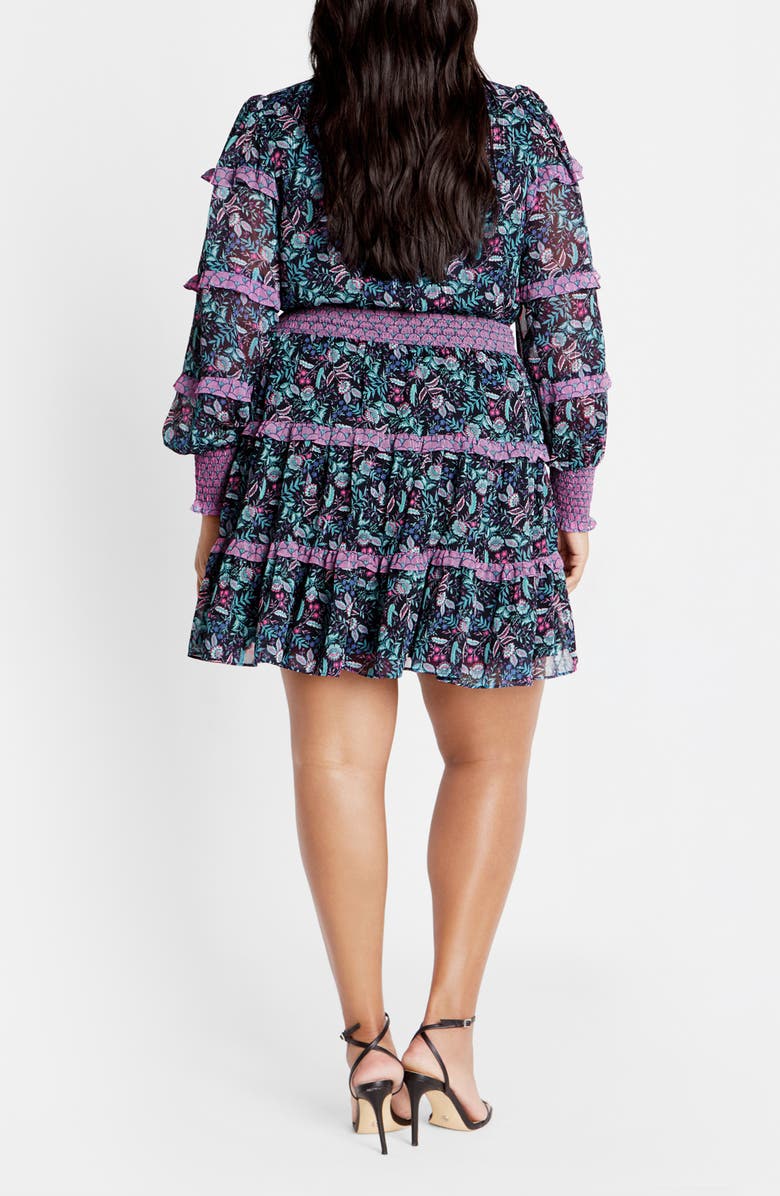 City Chic Iris Metallic Stripe Print Long Sleeve Tiered Dress, Alternate, color, Purple Floral