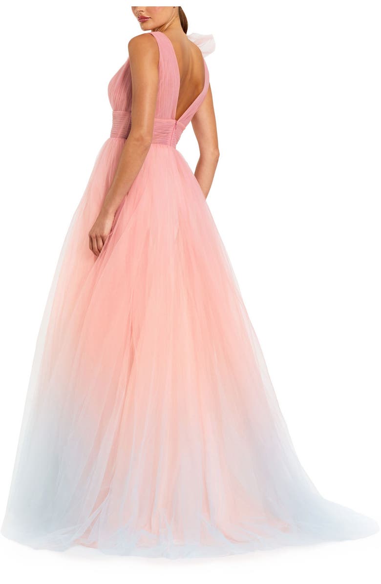 Mac Duggal Ruffle Shoulder V Neck Ombre Tulle Ballgown, Alternate, color, Pink Multi