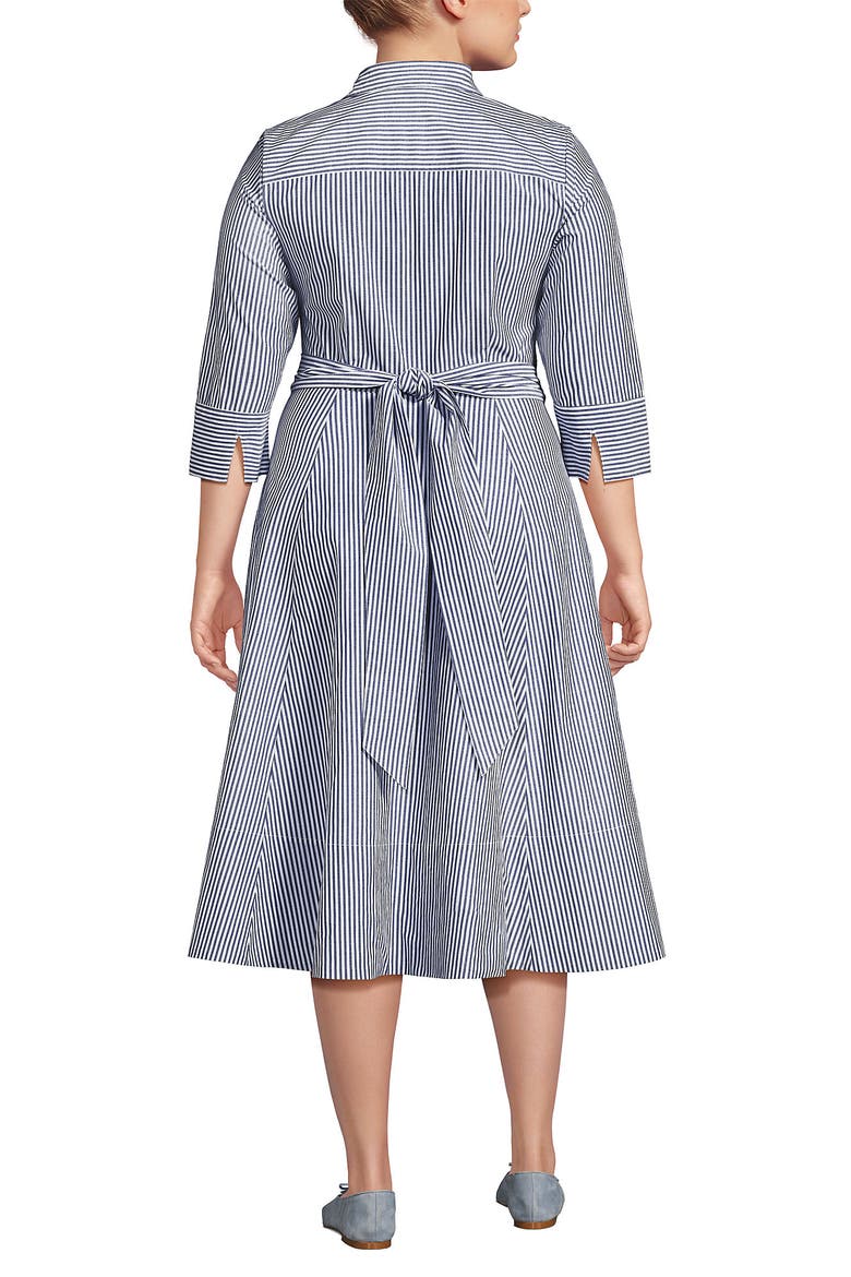 Plus Size Poplin Midi Wrap Front Dress, Alternate, color, Midnight Sky Pinstripe