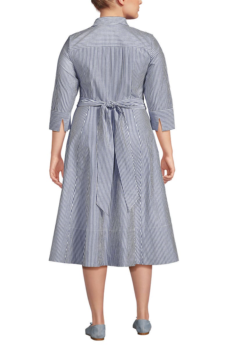 Lands' End Poplin Midi Wrap Front Dress, Alternate, color, Midnight Sky Pinstripe