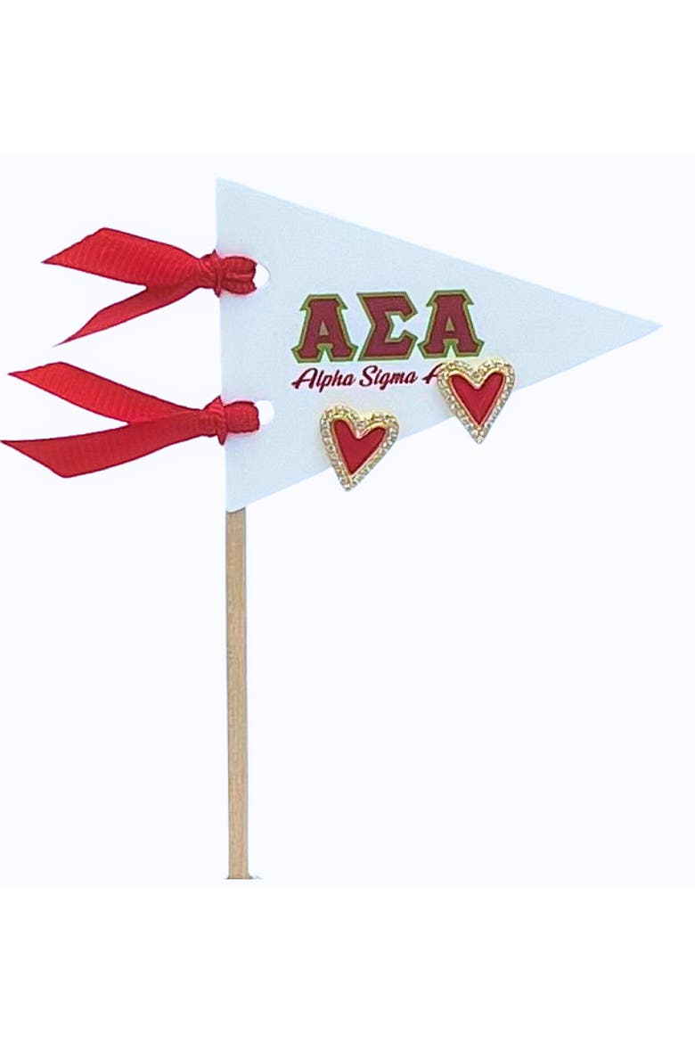 Alpha Sigma Alpha Heart Stud Enamel Earrings on Sorority Pennant Flag, Main, color, Yellow Gold