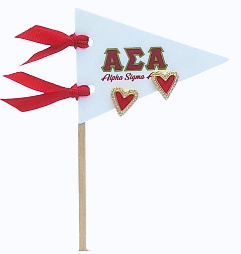 Alpha Sigma Alpha Heart Stud Enamel Earrings on Sorority Pennant Flag
