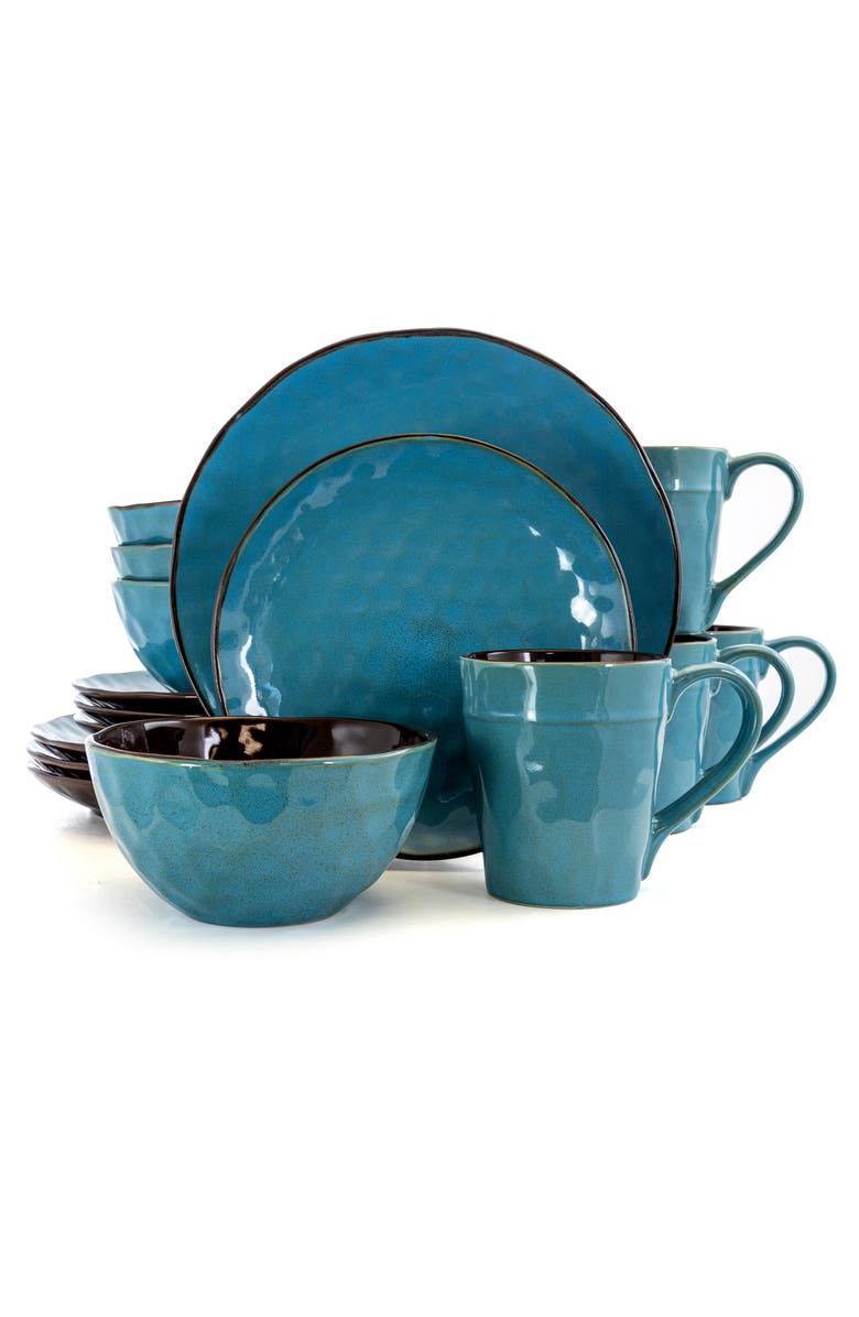 Elama Sea Glass 16 Piece Luxurious Stoneware Dinnerware with Complete Setting for 4, Main, color, Blue
