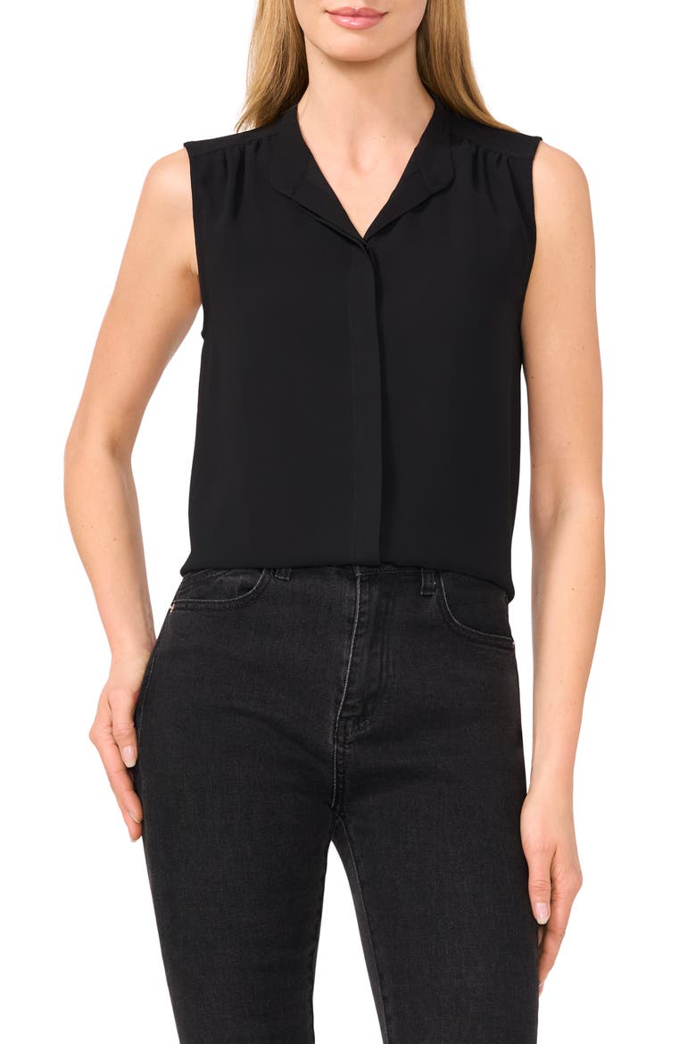 Sleeveless Mandarin Collar Button-Up Shirt, Main, color, RICH BLACK
