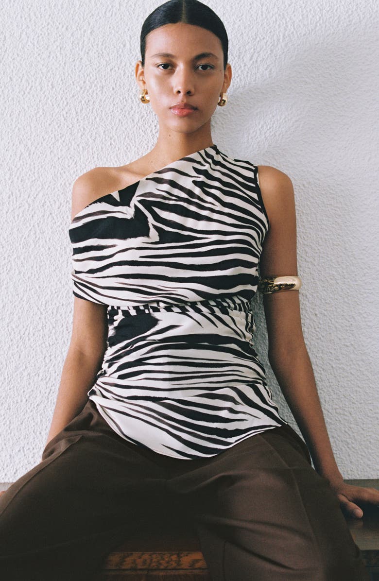 MANGO Zebra Draped One-Shoulder Top, Alternate, color,