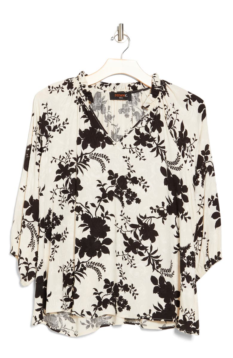 Renee C Print Ruffle Notch Neck Three-Quarter Sleeve Top, Alternate, color, 