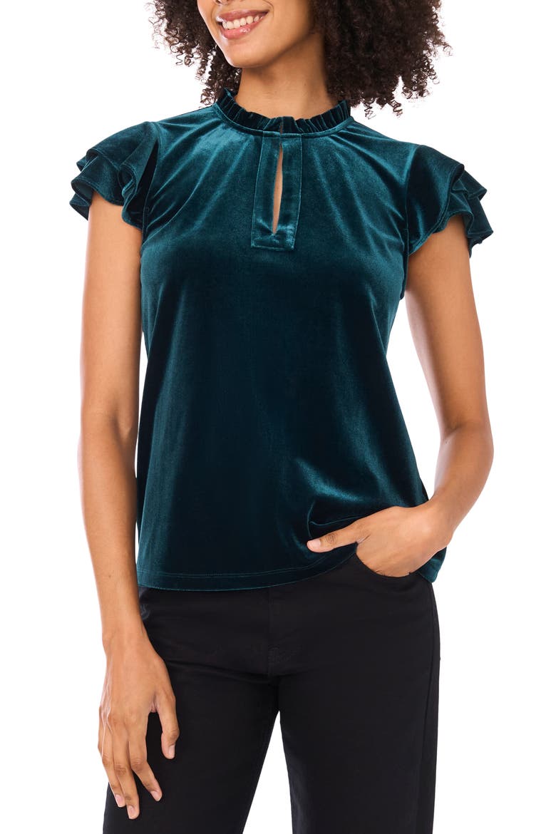 Velvet Flutter Sleeve Top, Main, color, HUNTER GREEN