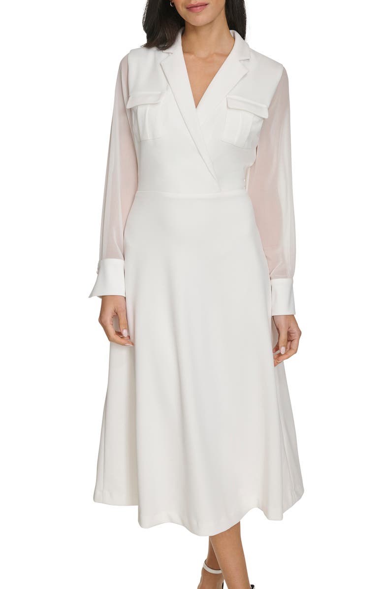 Calvin Klein Long Sleeve Mixed Media A-Line Midi Dress, Alternate, color, 