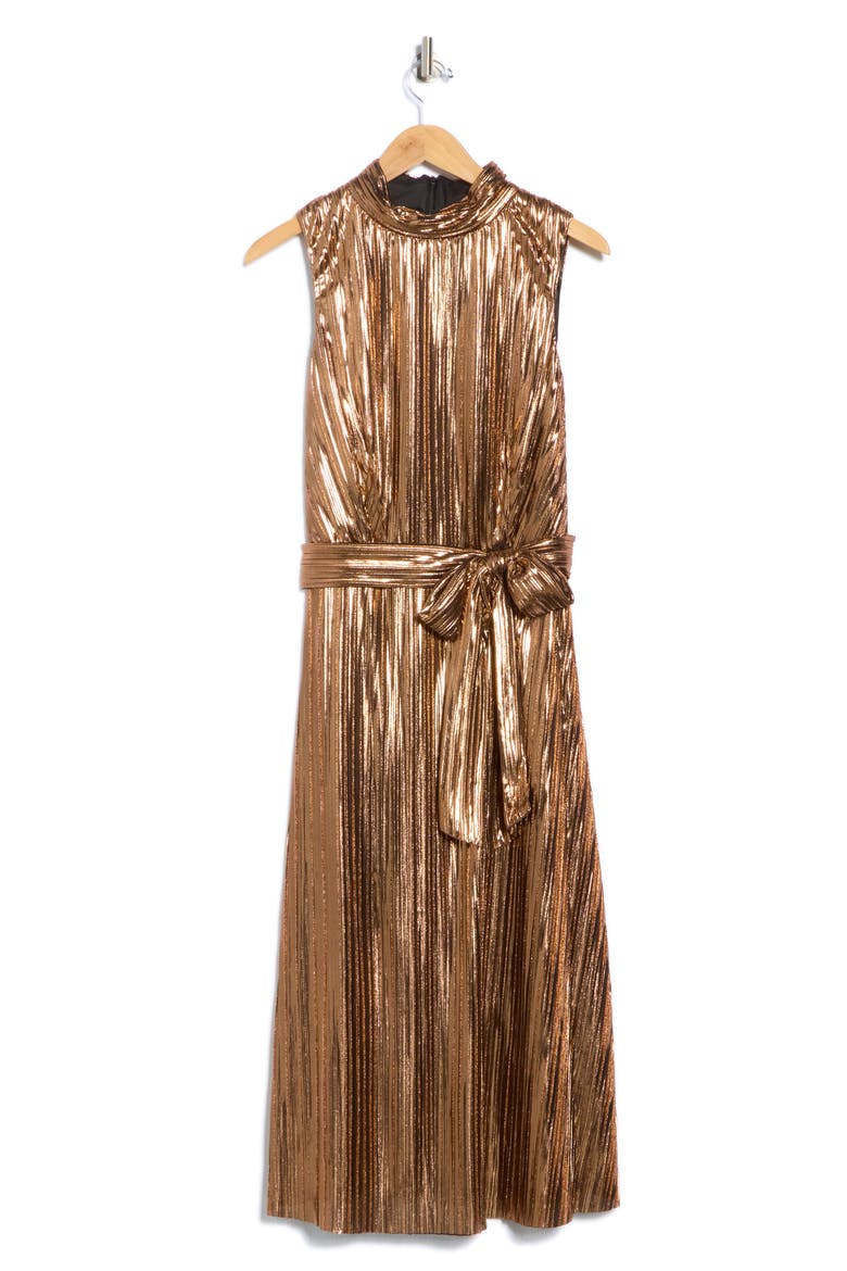 Sleeveless Metallic Pleated Midi Dress, Alternate, color, COPPER