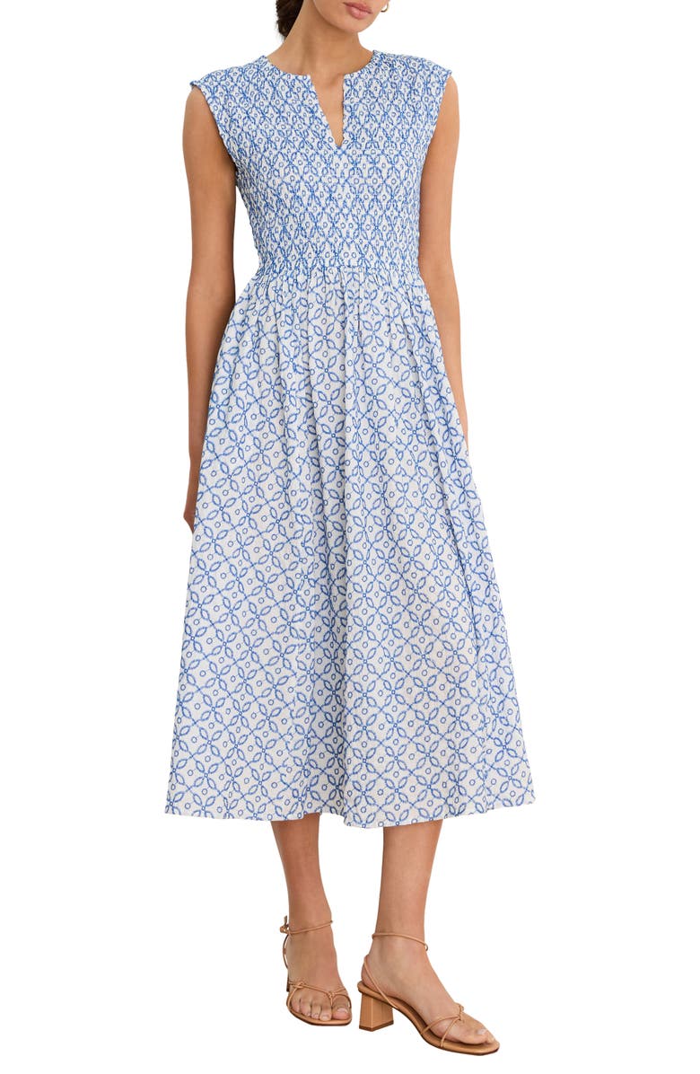 NIC+ZOE Amelia Embroidered Tile Cotton Midi Dress, Main, color, Blue Multi
