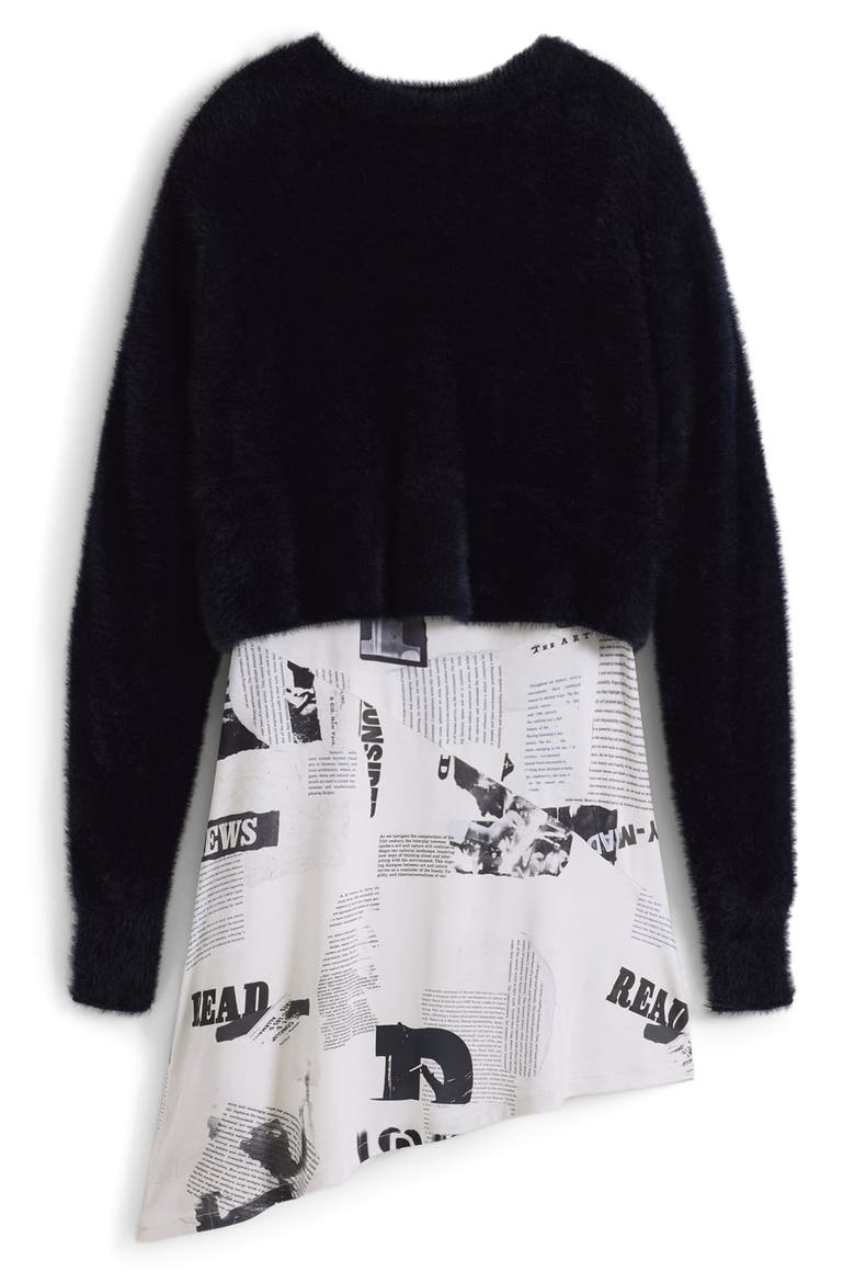 Mixed Media Asymmetric Dress, Alternate, color, BLACK