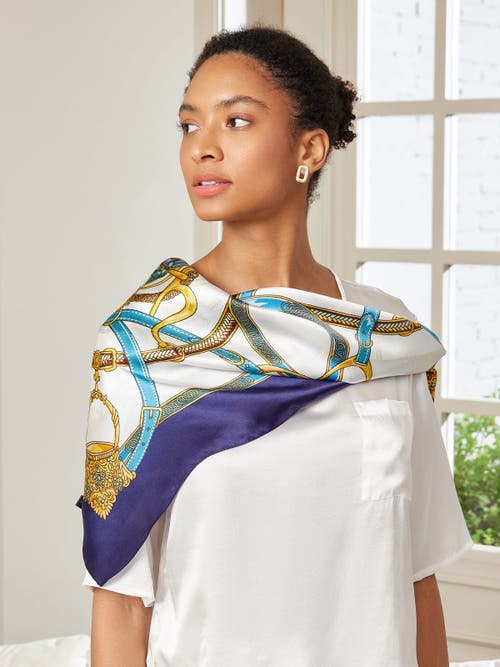 Silksilky 100% Mulberry Silk Printed Square Shawl Scarf In Blue