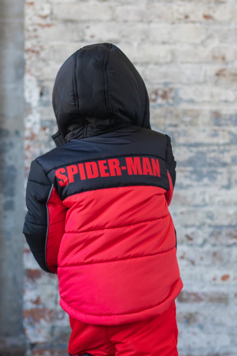 Spider-Man Hooded Zip-Up Puffer Jacket, Alternate, color, Spider Man Red Black