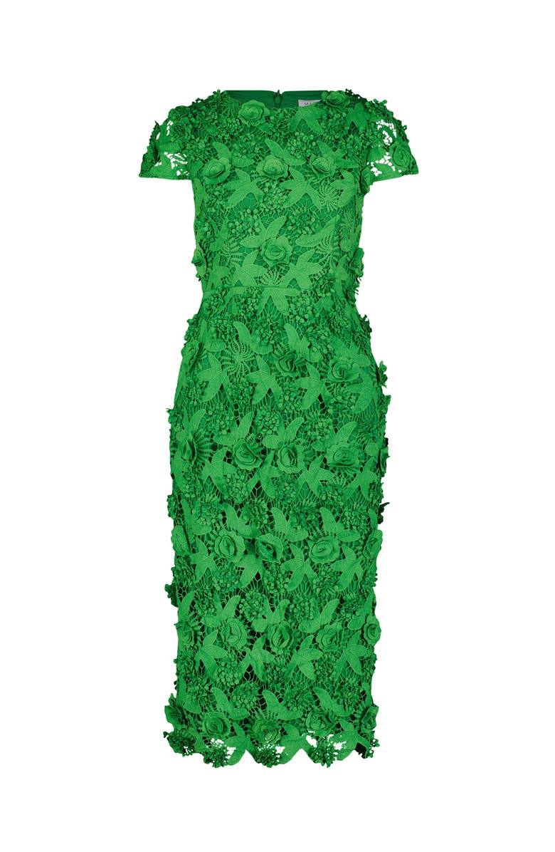 Mac Duggal Lace 3D Flower Fitted Short Sleeve Midi Dress, Alternate, color, Spring Green