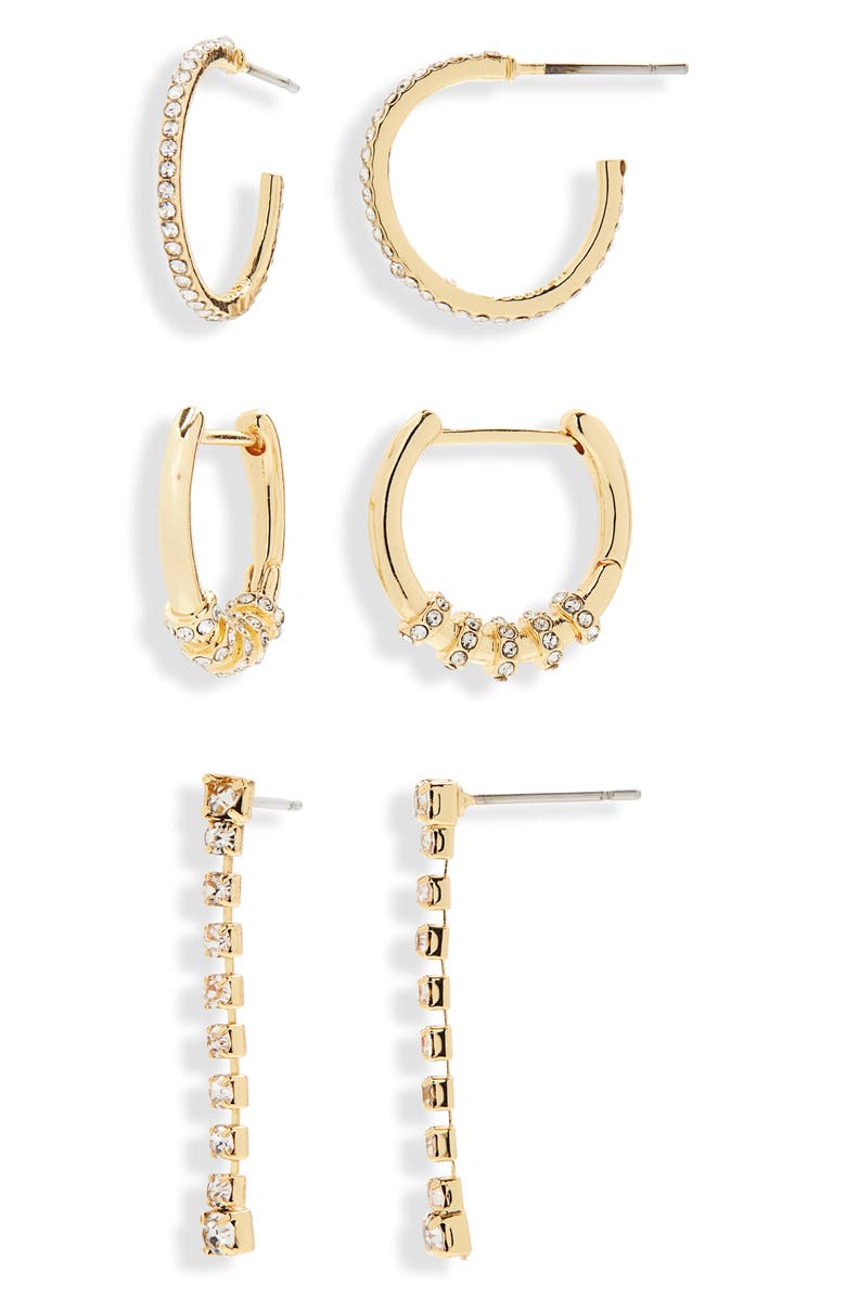 BaubleBar Your Go-To Set of 3 Hoop & Drop Earrings, Alternate, color, Gold