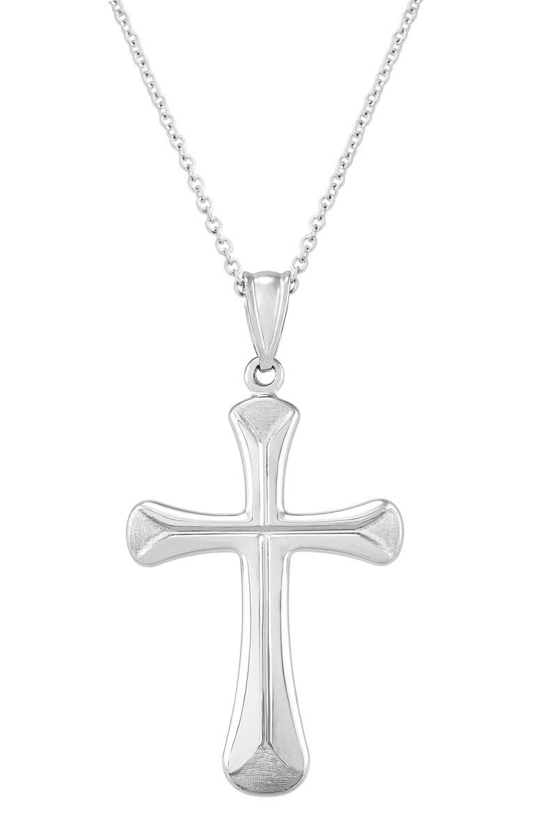 Frankie & Zoe Pol Satin Edge Cross Pendant Necklace, Main, color, White Gold
