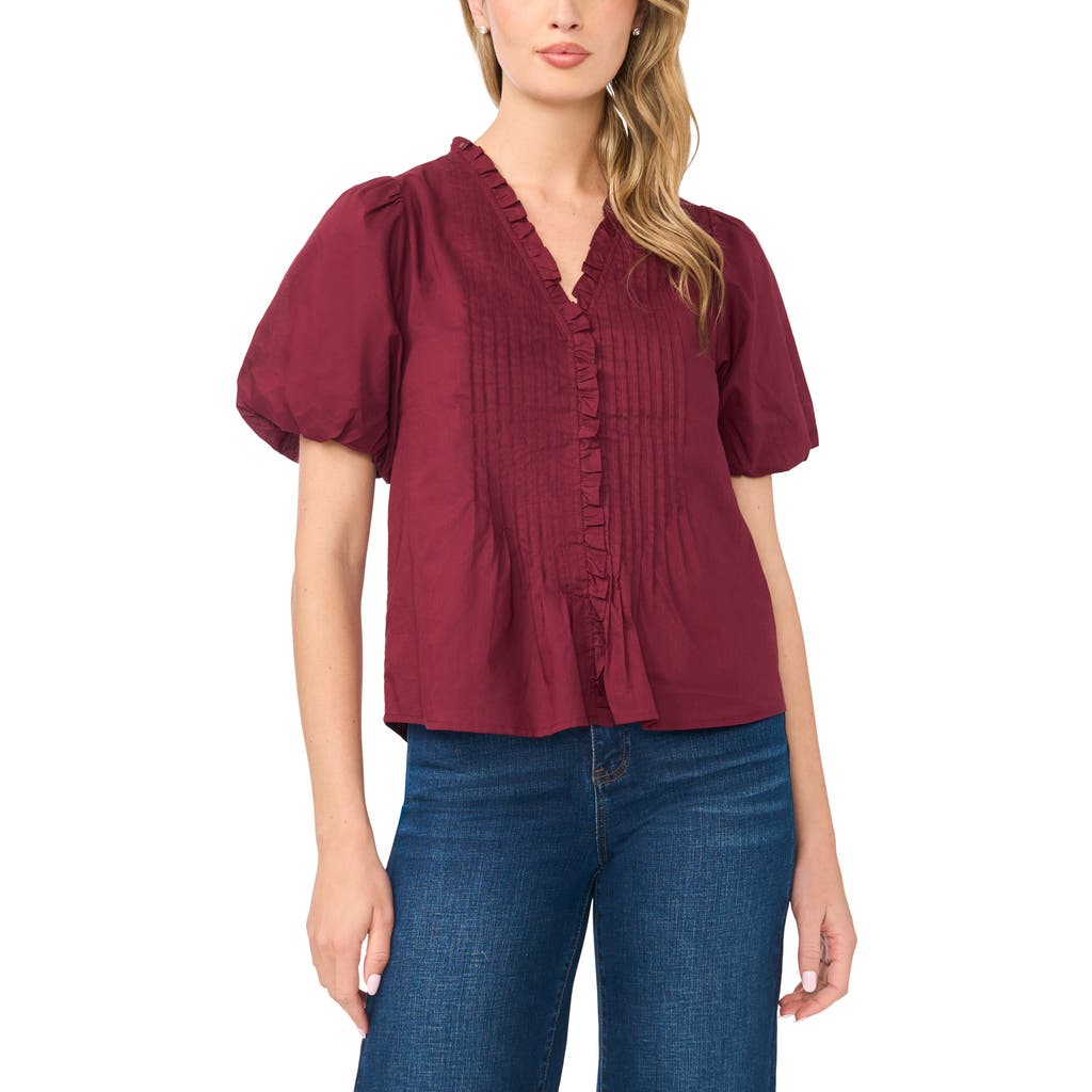 CeCe Pintuck Detail Cotton Voile Top in Windsor Wine at Nordstrom, Size Small