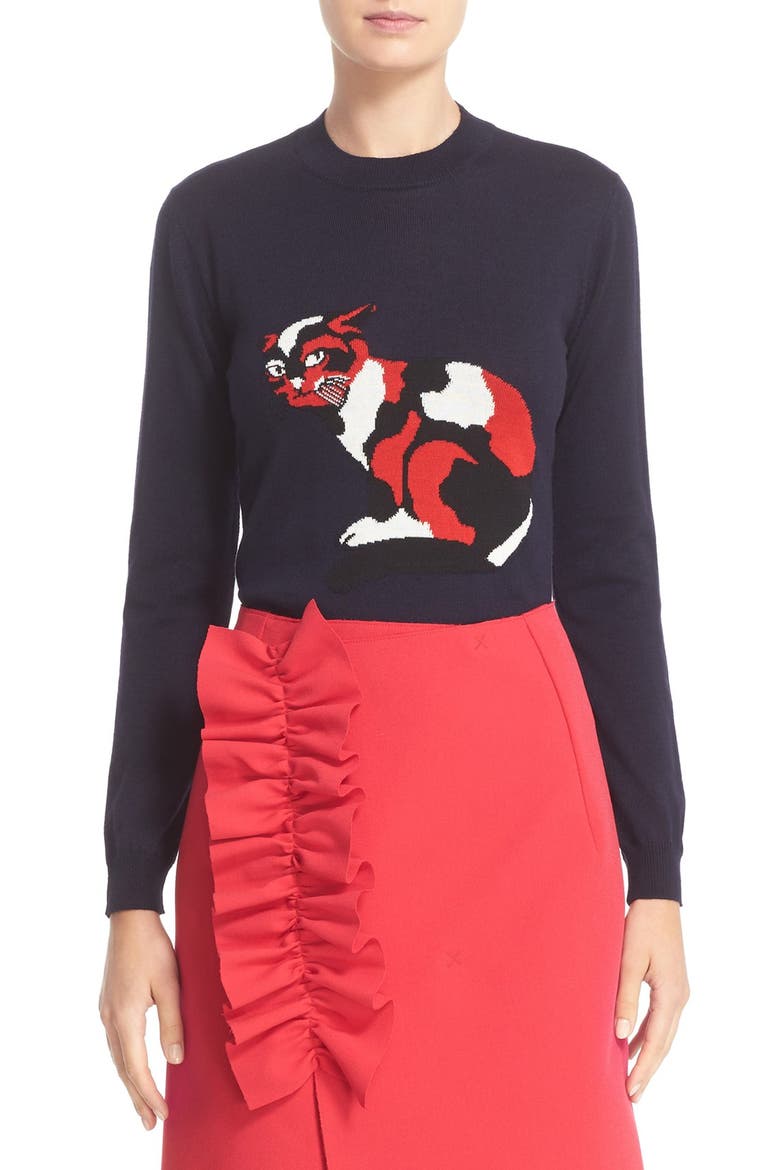Intarsia Knit Cat Sweater, Main, color, NAVY