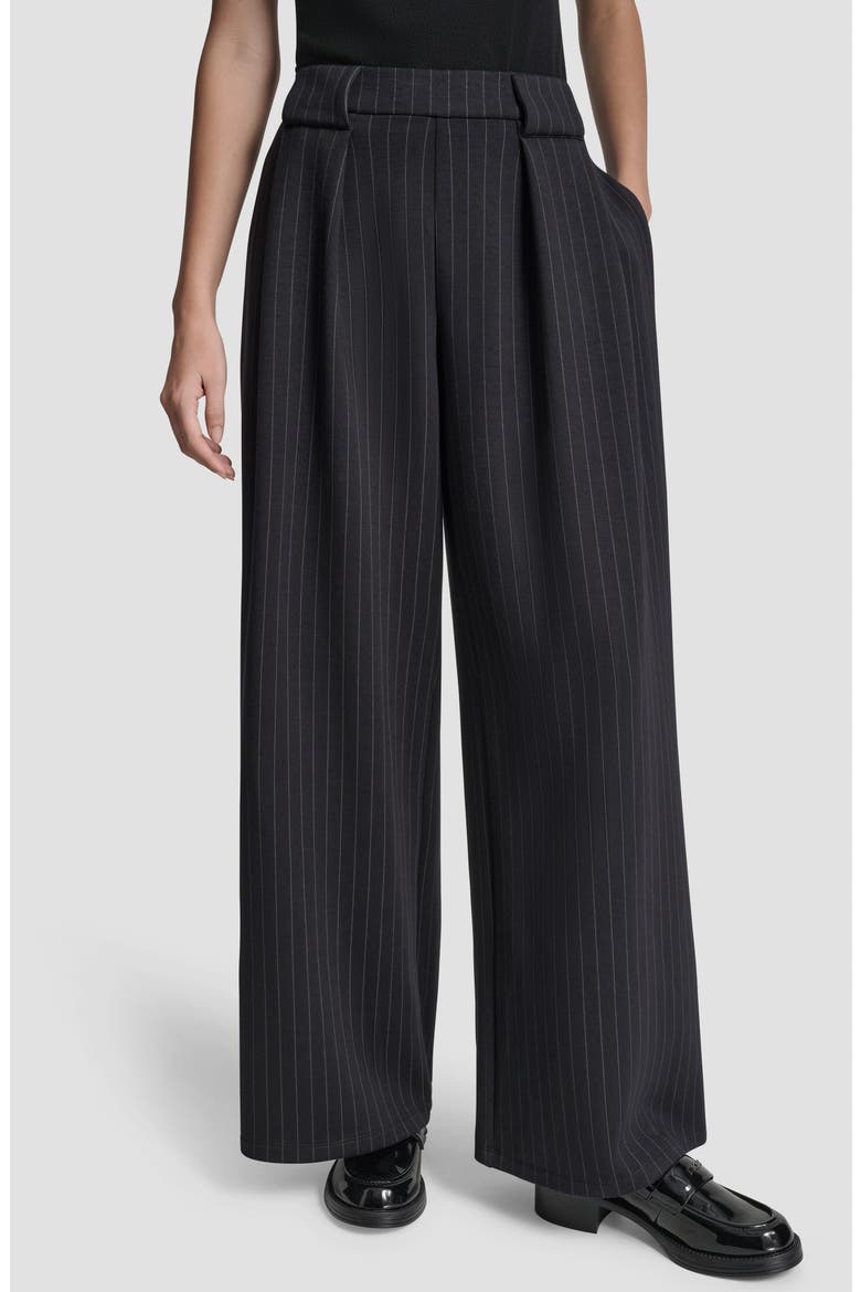 Pinstripe Pleat Front Wide Leg Pants, Main, color, BLACK PINSTRIPE