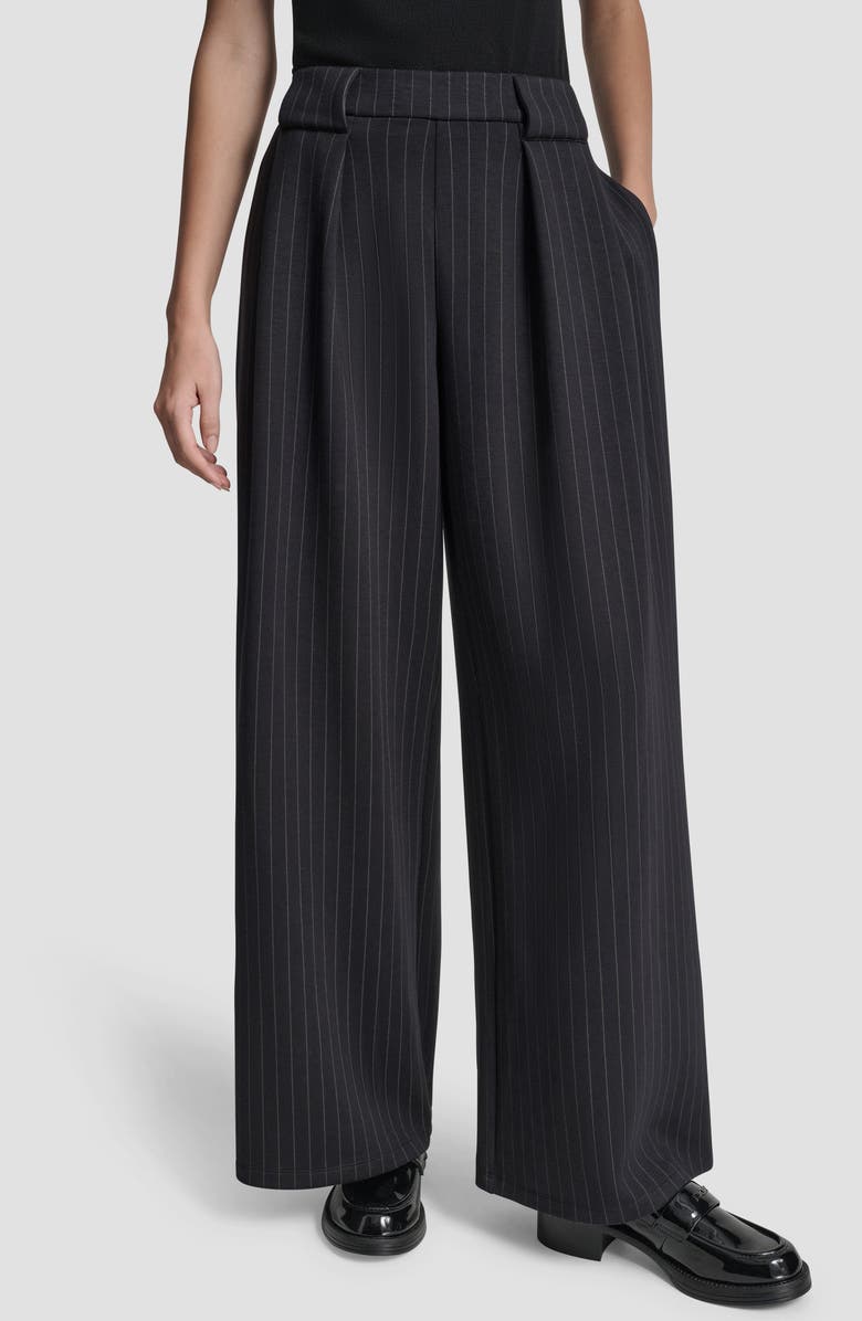 DKNY Pinstripe Pleat Front Wide Leg Pants, Main, color, Black Pinstripe