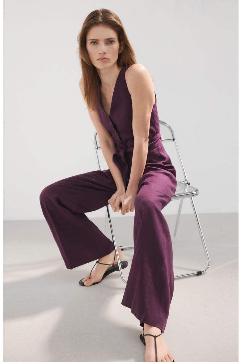 Sleeveless Belted Linen Jumpsuit, Alternate, color, BLACKBERRY