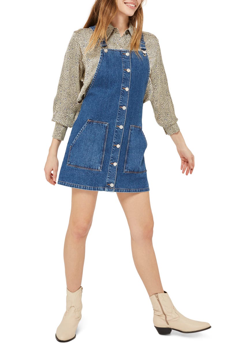 Topshop Button Through Denim Pinafore, Main, color,