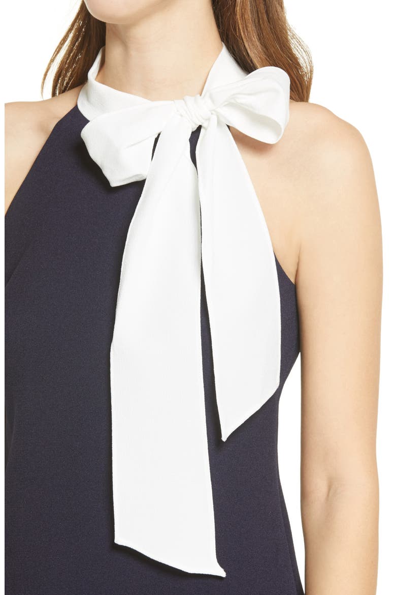 Signature Bow Neck Stretch Crepe Sheath Dress, Alternate, color, NAVY/ IVORY