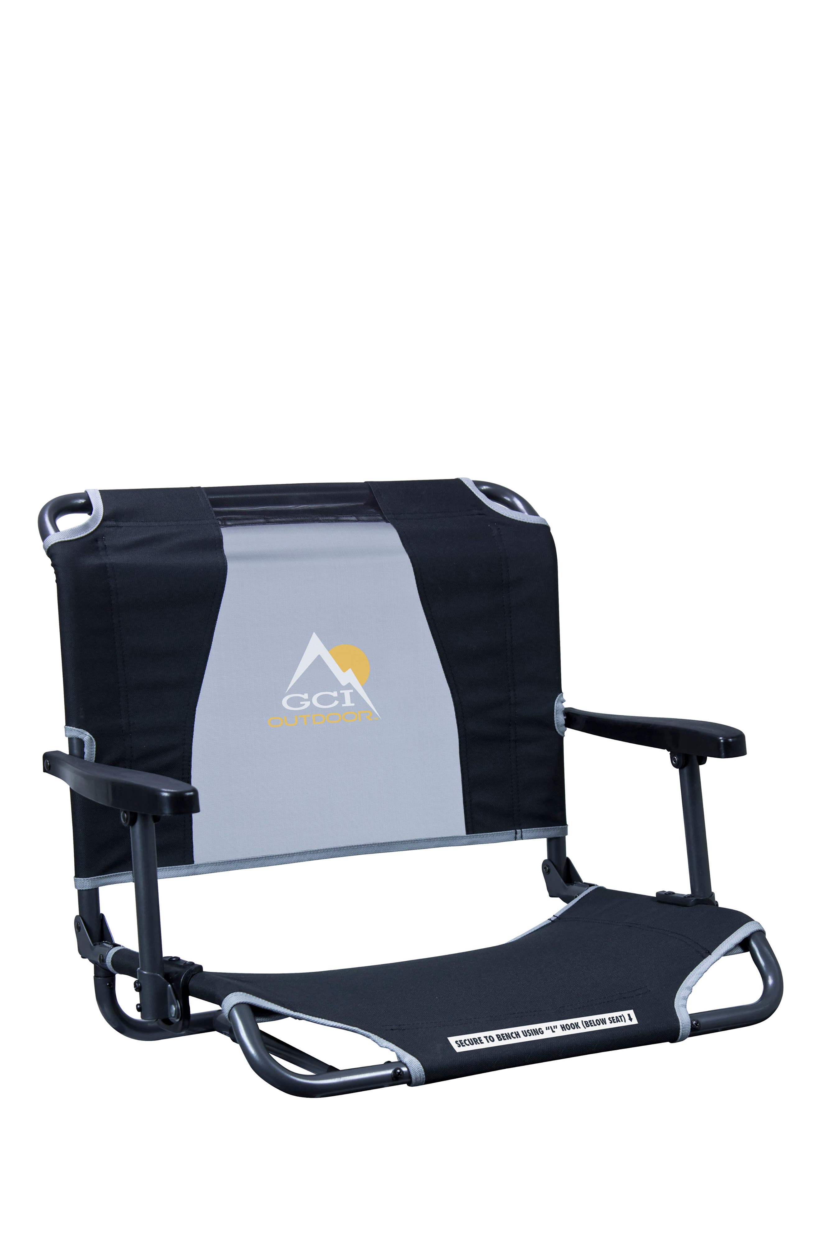 Compact portable camping chair with foldable frame, black and gray fabric, logo on backrest, built-in side arms and footrest extension