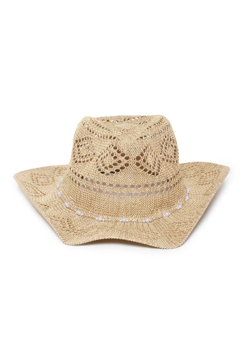 Faux Pearl Chain Woven Cowboy Hat, Main, color, LIGHT BROWN